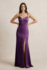 Spaghetti Strap Sheath Satin Bridesmaid Dress in Plum - KISS BRIDAL Bridesmaid Dresses