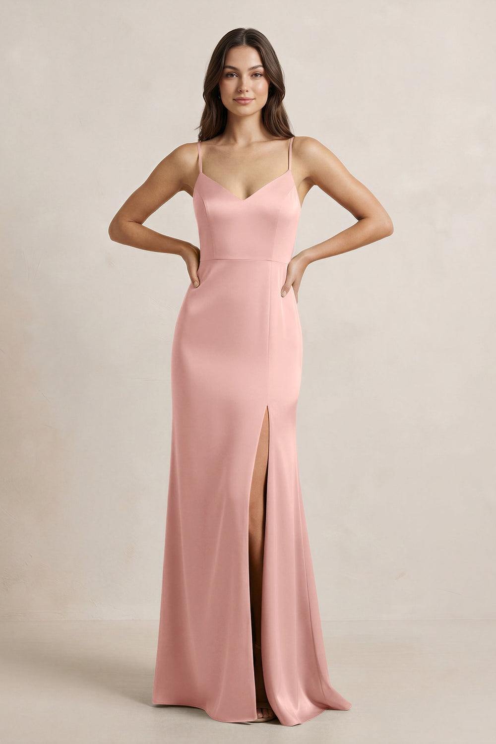 Spaghetti Strap Sheath Satin Bridesmaid Dress in Rose Petal - KISS BRIDAL Bridesmaid Dresses