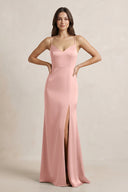 Spaghetti Strap Sheath Satin Bridesmaid Dress in Rose Petal - SHE IS ME Bridesmaid Dresses