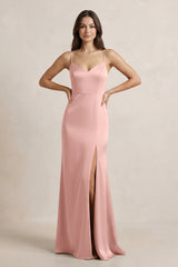 Spaghetti Strap Sheath Satin Bridesmaid Dress in Rose Petal - KISS BRIDAL Bridesmaid Dresses