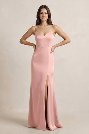 Spaghetti Strap Sheath Satin Bridesmaid Dress in Rose Petal - SHE IS ME Bridesmaid Dresses
