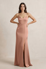 Spaghetti Strap Sheath Satin Bridesmaid Dress in Rosette - KISS BRIDAL Bridesmaid Dresses