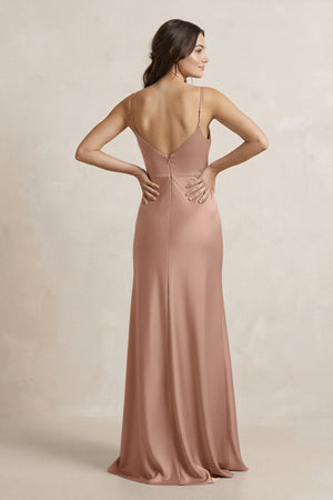 Spaghetti Strap Sheath Satin Bridesmaid Dress in Rosette - SHE IS ME Bridesmaid Dresses