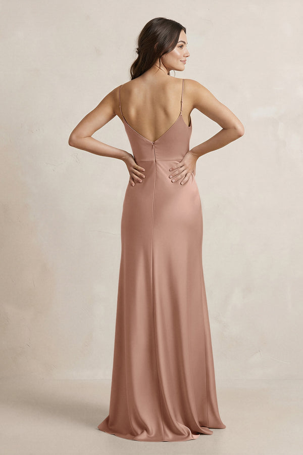 Spaghetti Strap Sheath Satin Bridesmaid Dress in Rosette - SHE IS ME Bridesmaid Dresses