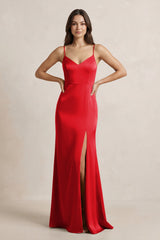 Spaghetti Strap Sheath Satin Bridesmaid Dress in Ruby Red - KISS BRIDAL Bridesmaid Dresses