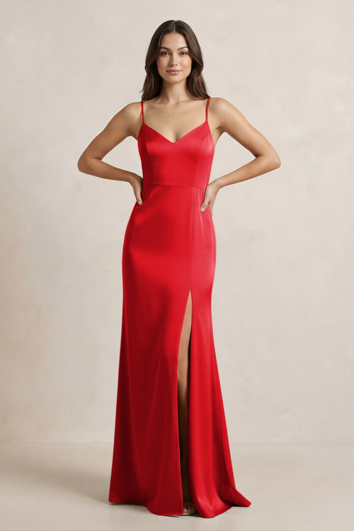 Spaghetti Strap Sheath Satin Bridesmaid Dress in Ruby Red - SHE IS ME Bridesmaid Dresses
