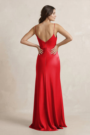 Spaghetti Strap Sheath Satin Bridesmaid Dress in Ruby Red - SHE IS ME Bridesmaid Dresses