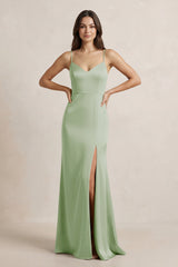 Spaghetti Strap Sheath Satin Bridesmaid Dress in Sage - KISS BRIDAL Bridesmaid Dresses