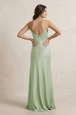 Spaghetti Strap Sheath Satin Bridesmaid Dress in Sage - SHE IS ME Bridesmaid Dresses