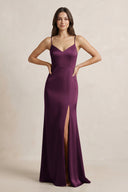 Spaghetti Strap Sheath Satin Bridesmaid Dress in Sangria - SHE IS ME Bridesmaid Dresses