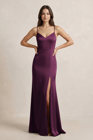 Spaghetti Strap Sheath Satin Bridesmaid Dress in Sangria - SHE IS ME Bridesmaid Dresses