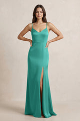 Spaghetti Strap Sheath Satin Bridesmaid Dress in Sea Glass - KISS BRIDAL Bridesmaid Dresses