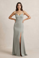 Spaghetti Strap Sheath Satin Bridesmaid Dress in Silver - SHE IS ME Bridesmaid Dresses