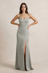 Spaghetti Strap Sheath Satin Bridesmaid Dress in Silver - KISS BRIDAL Bridesmaid Dresses
