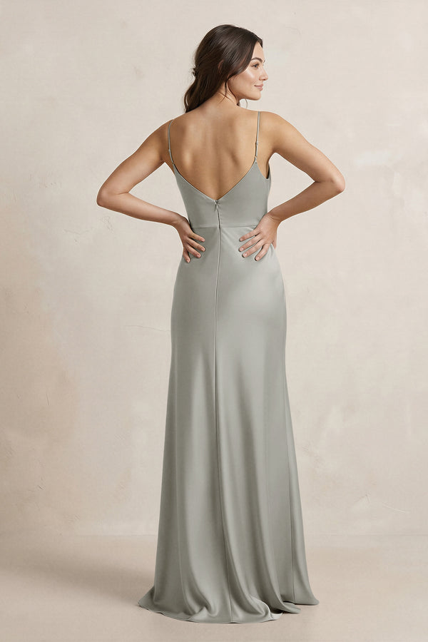 Spaghetti Strap Sheath Satin Bridesmaid Dress in Silver - SHE IS ME Bridesmaid Dresses
