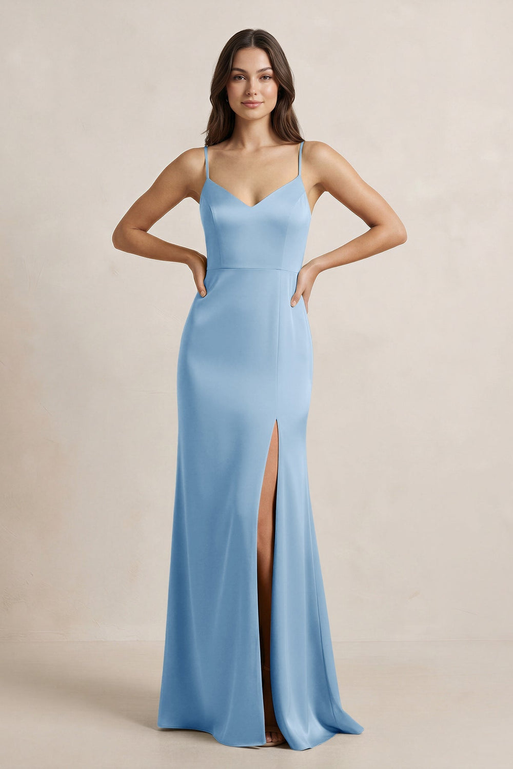 Spaghetti Strap Sheath Satin Bridesmaid Dress in Sky Blue - KISS BRIDAL Bridesmaid Dresses