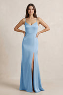 Spaghetti Strap Sheath Satin Bridesmaid Dress in Sky Blue - SHE IS ME Bridesmaid Dresses