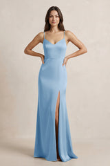 Spaghetti Strap Sheath Satin Bridesmaid Dress in Sky Blue - KISS BRIDAL Bridesmaid Dresses
