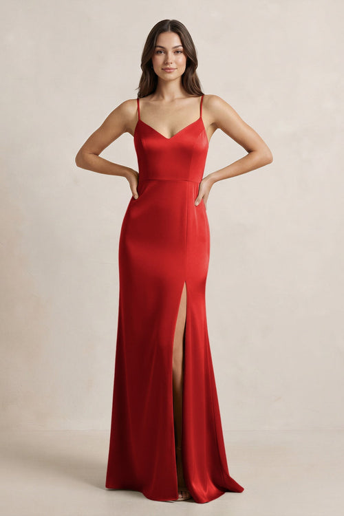 Spaghetti Strap Sheath Satin Bridesmaid Dress in Spice - SHE IS ME Bridesmaid Dresses