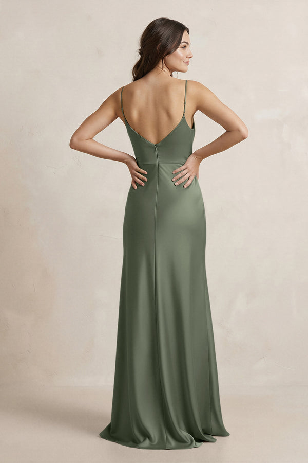 Spaghetti Strap Sheath Satin Bridesmaid Dress in Thyme - SHE IS ME Bridesmaid Dresses