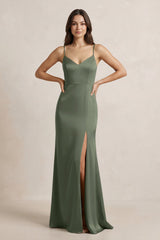 Spaghetti Strap Sheath Satin Bridesmaid Dress in Thyme - KISS BRIDAL Bridesmaid Dresses