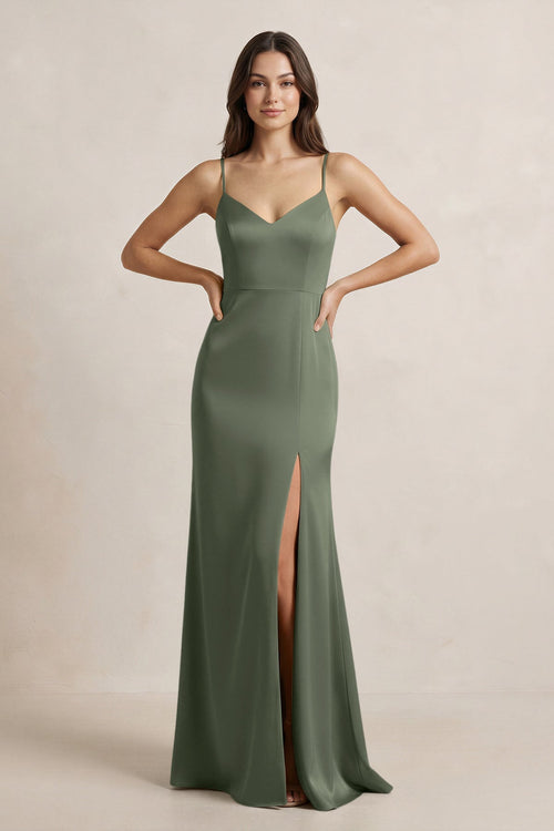 Spaghetti Strap Sheath Satin Bridesmaid Dress in Thyme - SHE IS ME Bridesmaid Dresses