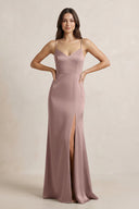 Spaghetti Strap Sheath Satin Bridesmaid Dress in Toffee - SHE IS ME Bridesmaid Dresses