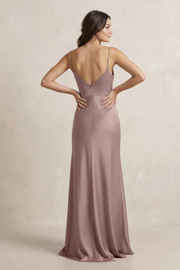 Spaghetti Strap Sheath Satin Bridesmaid Dress in Toffee - SHE IS ME Bridesmaid Dresses