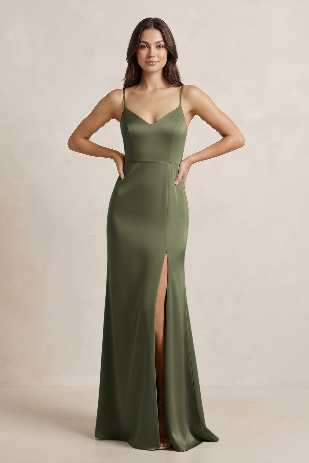 Spaghetti Strap Sheath Satin Bridesmaid Dress in Willow Green - KISS BRIDAL Bridesmaid Dresses