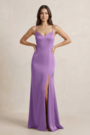 Spaghetti Strap Sheath Satin Bridesmaid Dress in Wisteria - SHE IS ME Bridesmaid Dresses