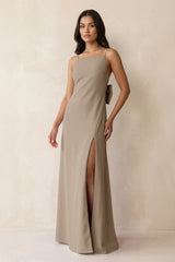 Spaghetti Strap Sheath Satin Bridesmaid Dress with Bow in Almond - KISS BRIDAL Bridesmaid Dresses