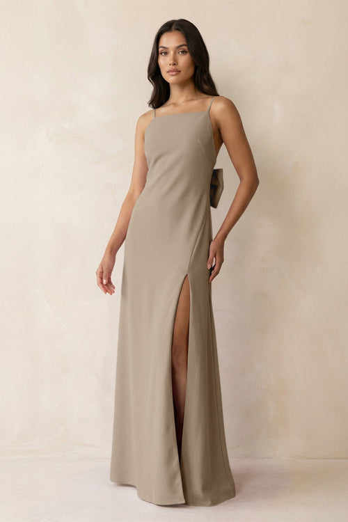 Spaghetti Strap Sheath Satin Bridesmaid Dress with Bow in Almond - KISS BRIDAL Bridesmaid Dresses