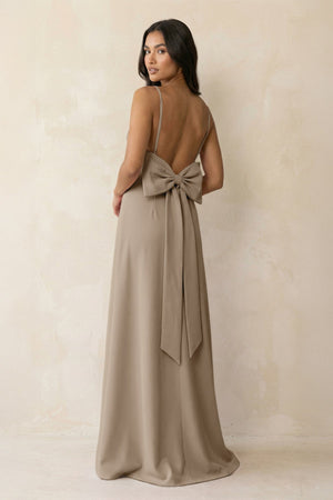 Spaghetti Strap Sheath Satin Bridesmaid Dress with Bow in Almond - KISS BRIDAL Bridesmaid Dresses