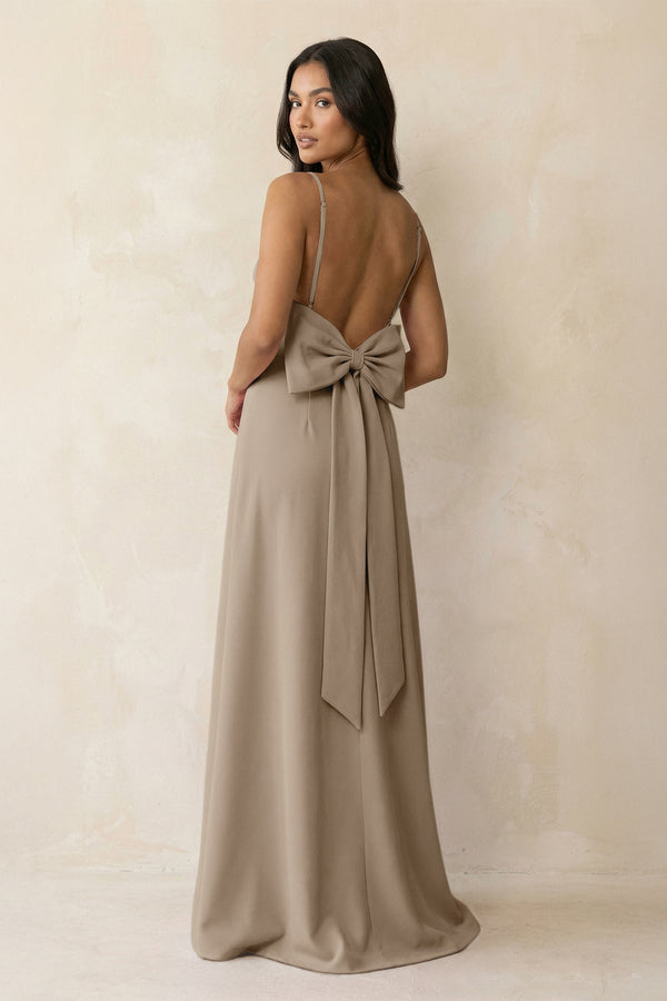 Spaghetti Strap Sheath Satin Bridesmaid Dress with Bow in Almond - KISS BRIDAL Bridesmaid Dresses