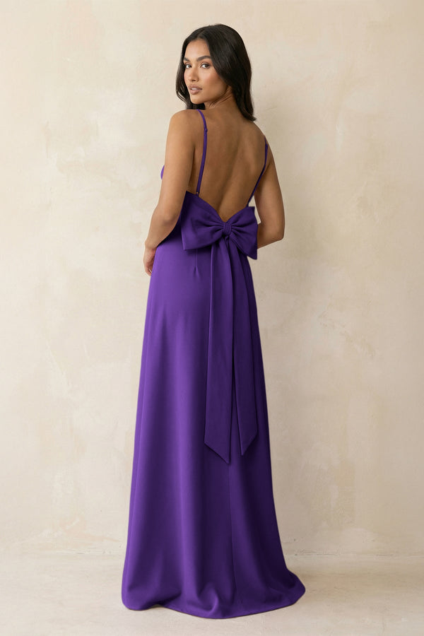 Spaghetti Strap Sheath Satin Bridesmaid Dress with Bow in Amethyst - KISS BRIDAL Bridesmaid Dresses