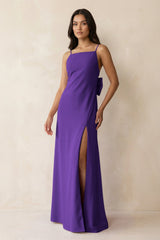 Spaghetti Strap Sheath Satin Bridesmaid Dress with Bow in Amethyst - KISS BRIDAL Bridesmaid Dresses