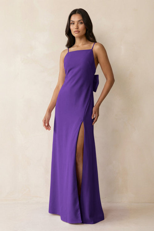 Spaghetti Strap Sheath Satin Bridesmaid Dress with Bow in Amethyst - KISS BRIDAL Bridesmaid Dresses