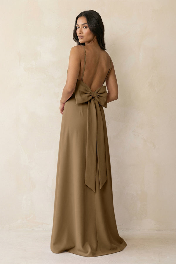 Spaghetti Strap Sheath Satin Bridesmaid Dress with Bow in Apple Cinnamon - KISS BRIDAL Bridesmaid Dresses