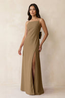 Spaghetti Strap Sheath Satin Bridesmaid Dress with Bow in Apple Cinnamon - KISS BRIDAL Bridesmaid Dresses
