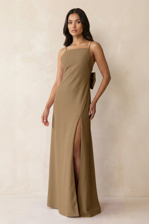 Spaghetti Strap Sheath Satin Bridesmaid Dress with Bow in Apple Cinnamon - KISS BRIDAL Bridesmaid Dresses