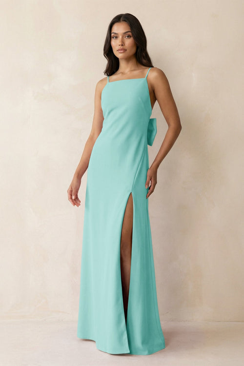Spaghetti Strap Sheath Satin Bridesmaid Dress with Bow in Aqua - KISS BRIDAL Bridesmaid Dresses