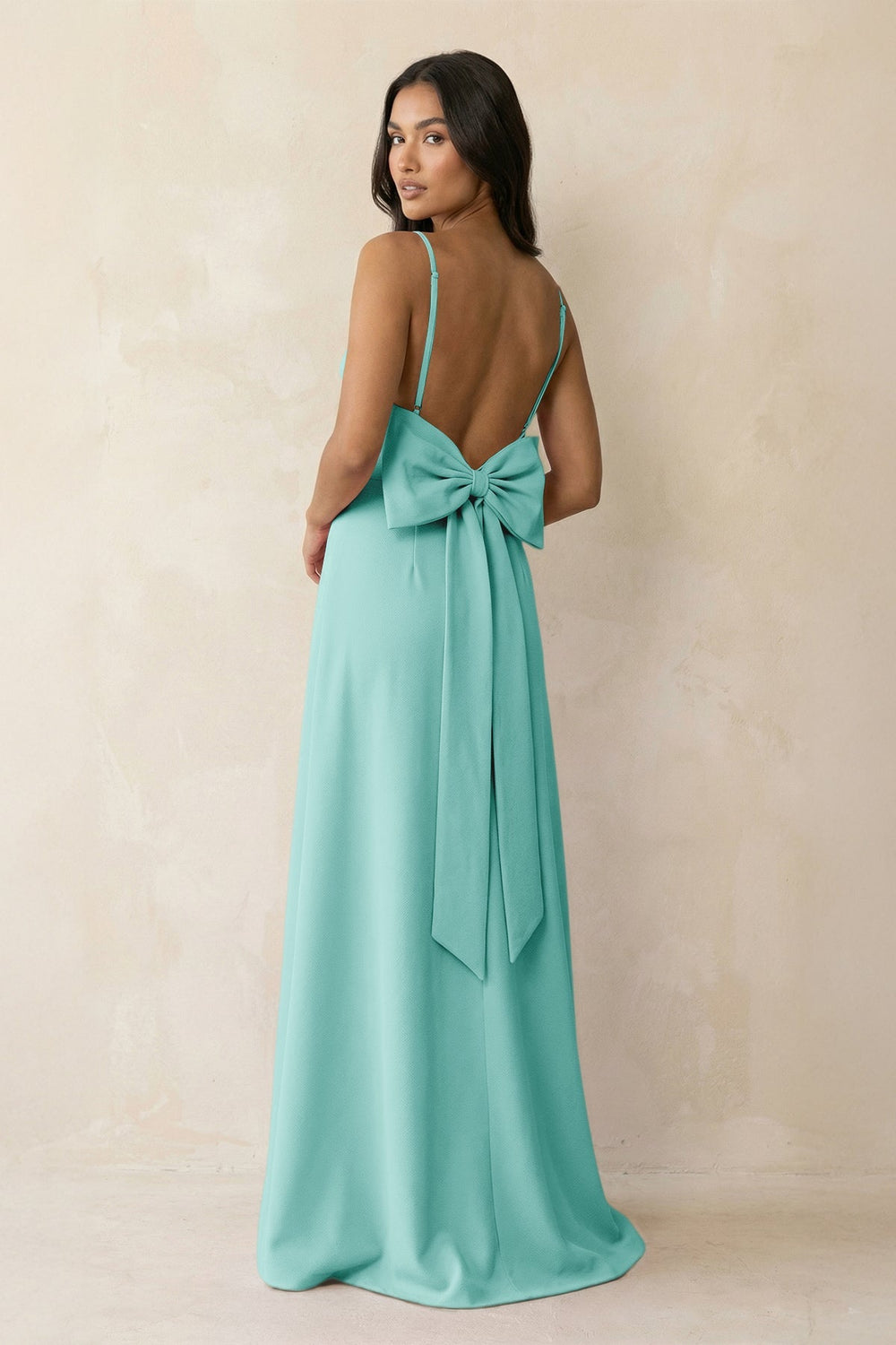 Spaghetti Strap Sheath Satin Bridesmaid Dress with Bow in Aqua - SHE IS ME Bridesmaid Dresses