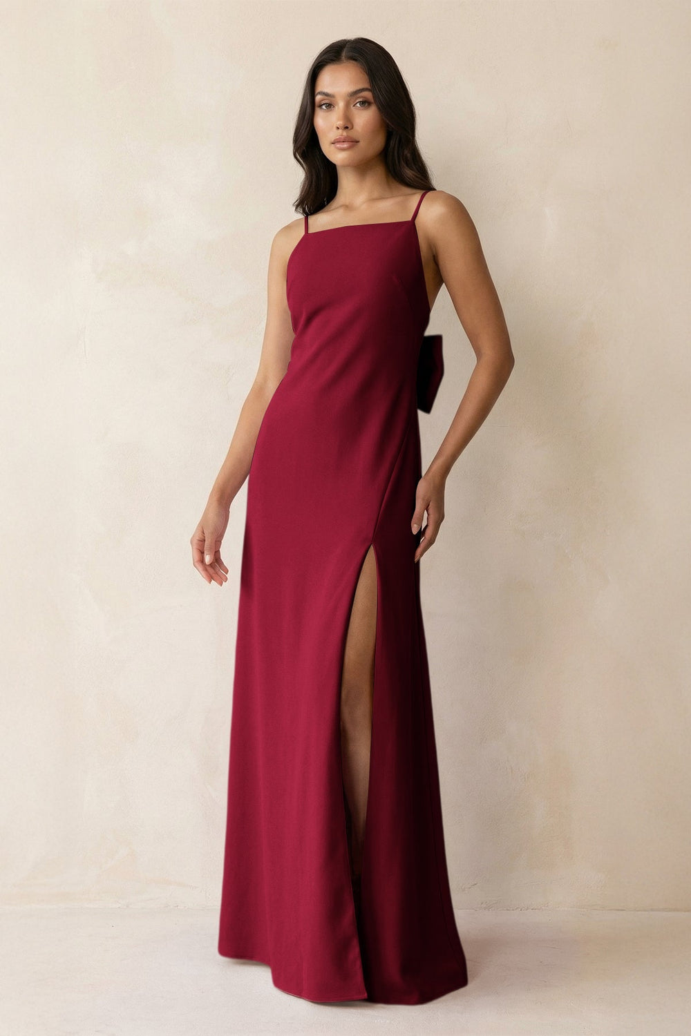 Spaghetti Strap Sheath Satin Bridesmaid Dress with Bow in Berry - KISS BRIDAL Bridesmaid Dresses