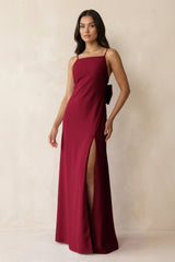 Spaghetti Strap Sheath Satin Bridesmaid Dress with Bow in Berry - KISS BRIDAL Bridesmaid Dresses