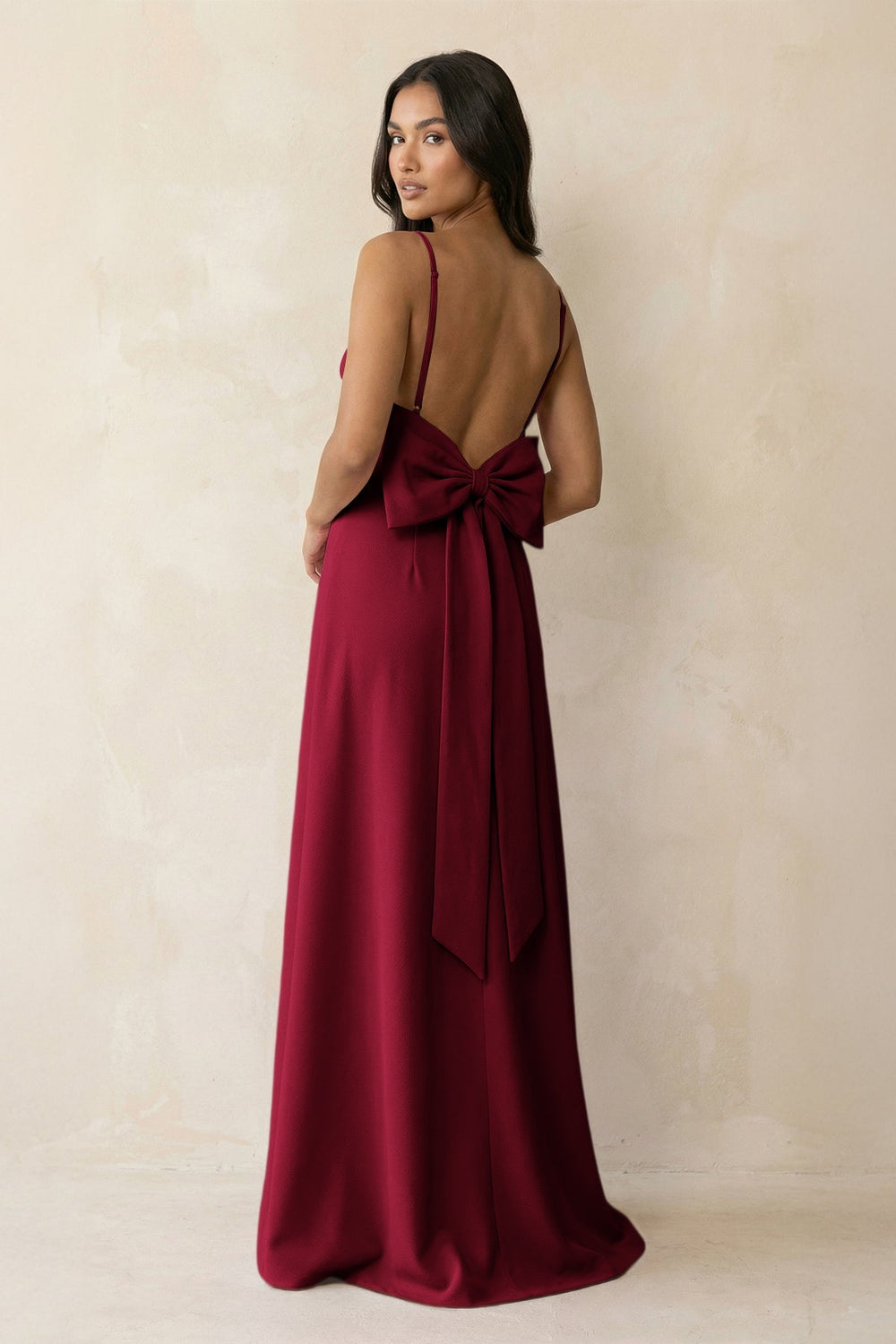 Spaghetti Strap Sheath Satin Bridesmaid Dress with Bow in Berry - KISS BRIDAL Bridesmaid Dresses