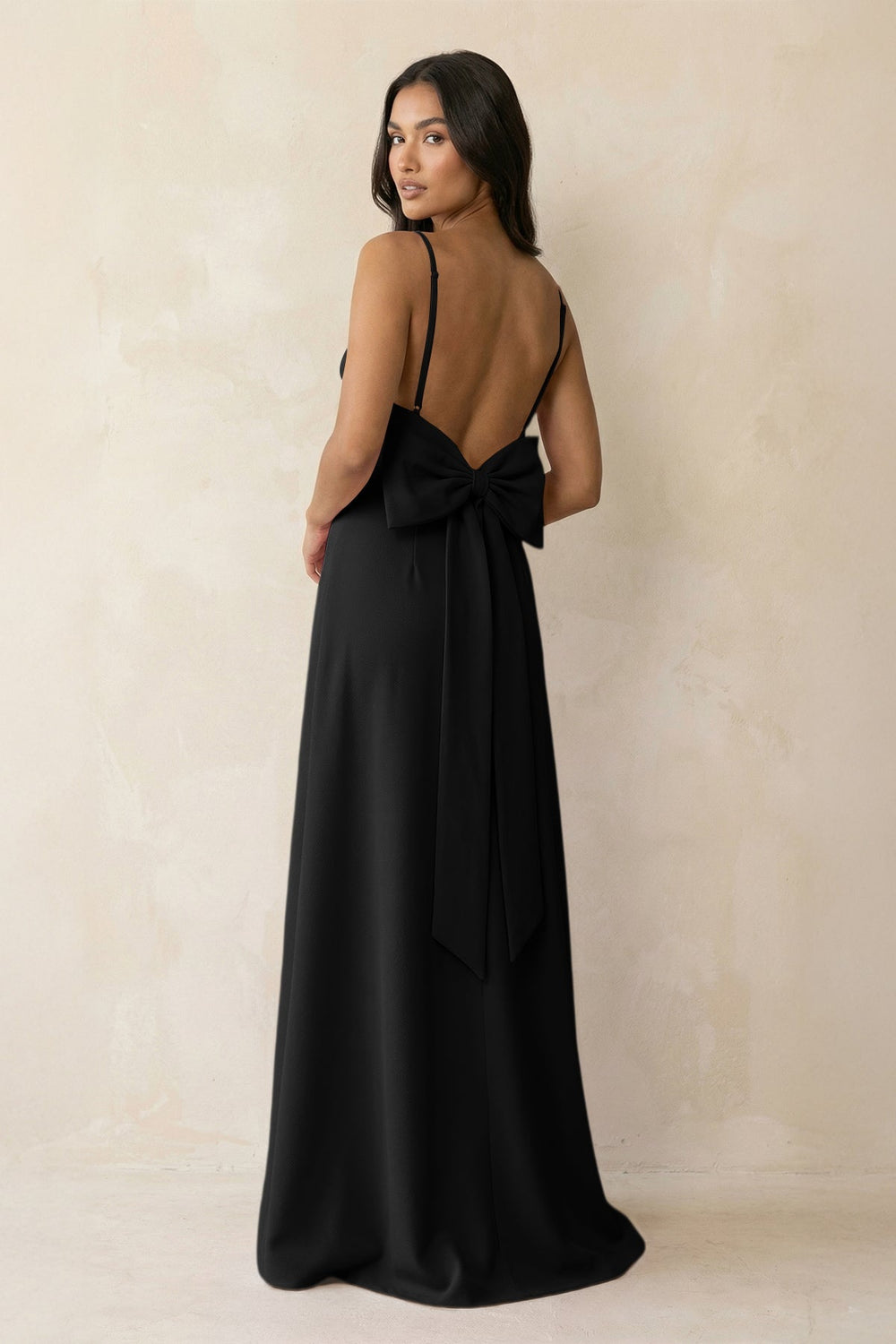 Spaghetti Strap Sheath Satin Bridesmaid Dress with Bow in Black - SHE IS ME Bridesmaid Dresses
