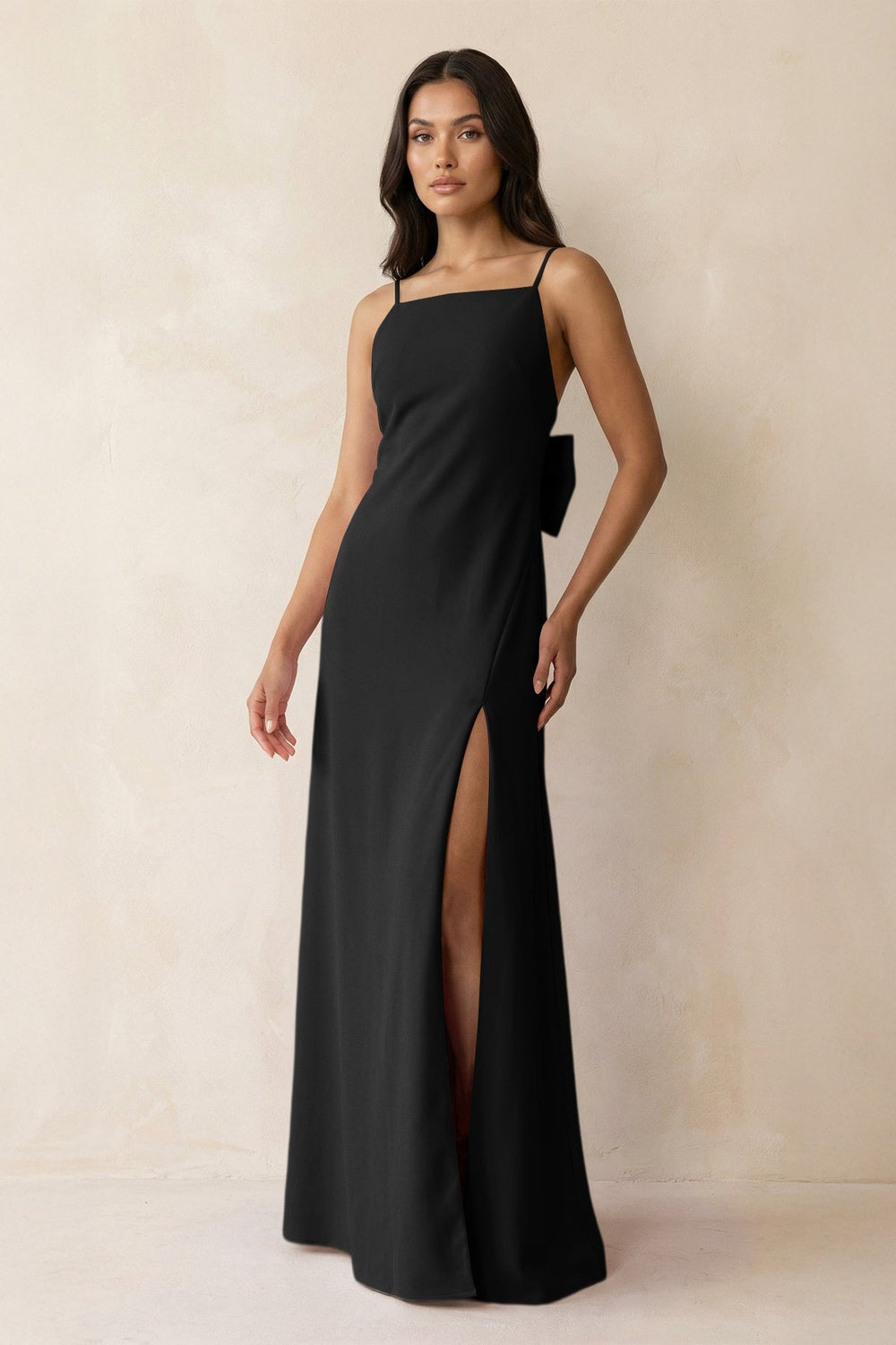 Spaghetti Strap Sheath Satin Bridesmaid Dress with Bow in Black - SHE IS ME Bridesmaid Dresses
