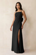 Spaghetti Strap Sheath Satin Bridesmaid Dress with Bow in Black - KISS BRIDAL Bridesmaid Dresses
