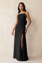 Spaghetti Strap Sheath Satin Bridesmaid Dress with Bow in Black - KISS BRIDAL Bridesmaid Dresses