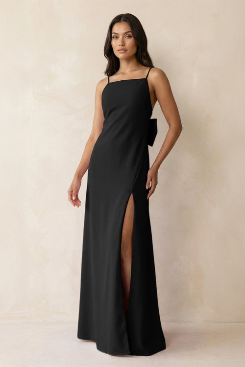 Spaghetti Strap Sheath Satin Bridesmaid Dress with Bow in Black - KISS BRIDAL Bridesmaid Dresses